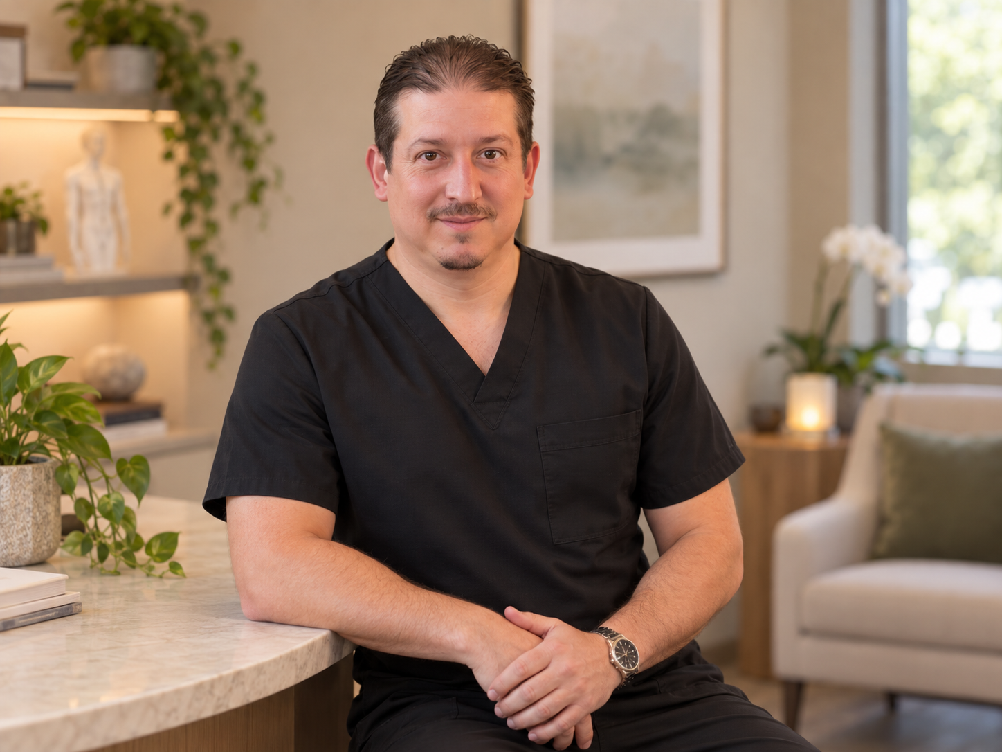 Illustrative portrait of PRIMAL leadership in black scrubs, in a warm wellness office